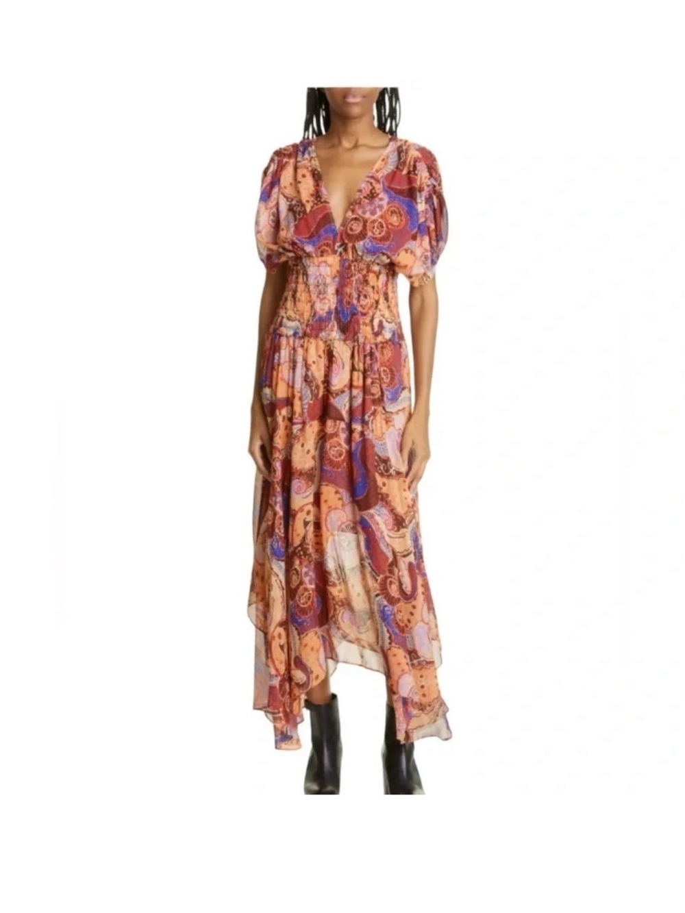 A.L.C. Lucia paisley High-Low lined Midi Dress - Orange & Purple, golds, fall